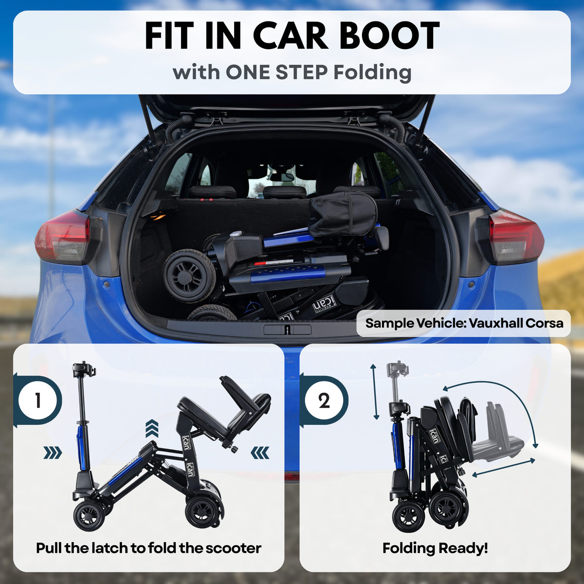 iCan EasyFold X-11 Manual Folding Mobility Scooter – Lightweight 21Kg with Battery, Manual Folding, Long Range, LED Display – Portable Mobility Scooter for Seniors, Class 2, UK Regulated