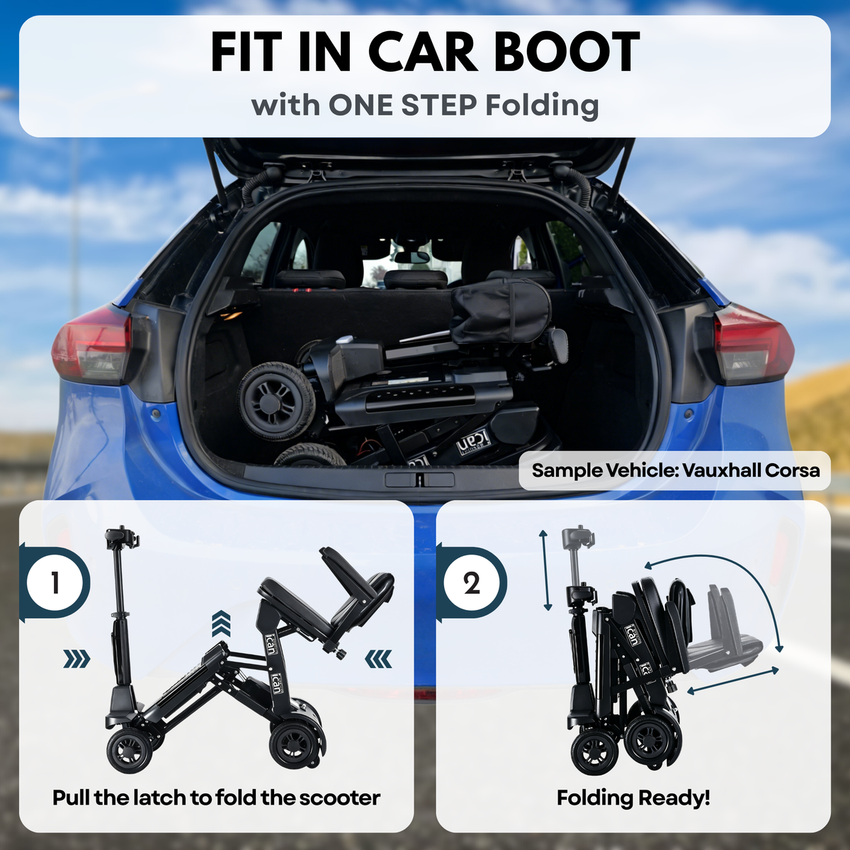 iCan EasyFold X-11 Manual Folding Mobility Scooter – Lightweight 21Kg with Battery, Manual Folding, Long Range, LED Display – Portable Mobility Scooter for Seniors, Class 2, UK Regulated