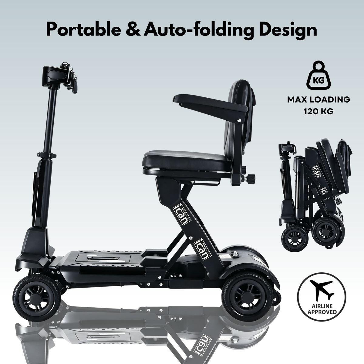 iCan EasyFold X-11 Manual Folding Mobility Scooter – Lightweight 21Kg with Battery, Manual Folding, Long Range, LED Display – Portable Mobility Scooter for Seniors, Class 2, UK Regulated