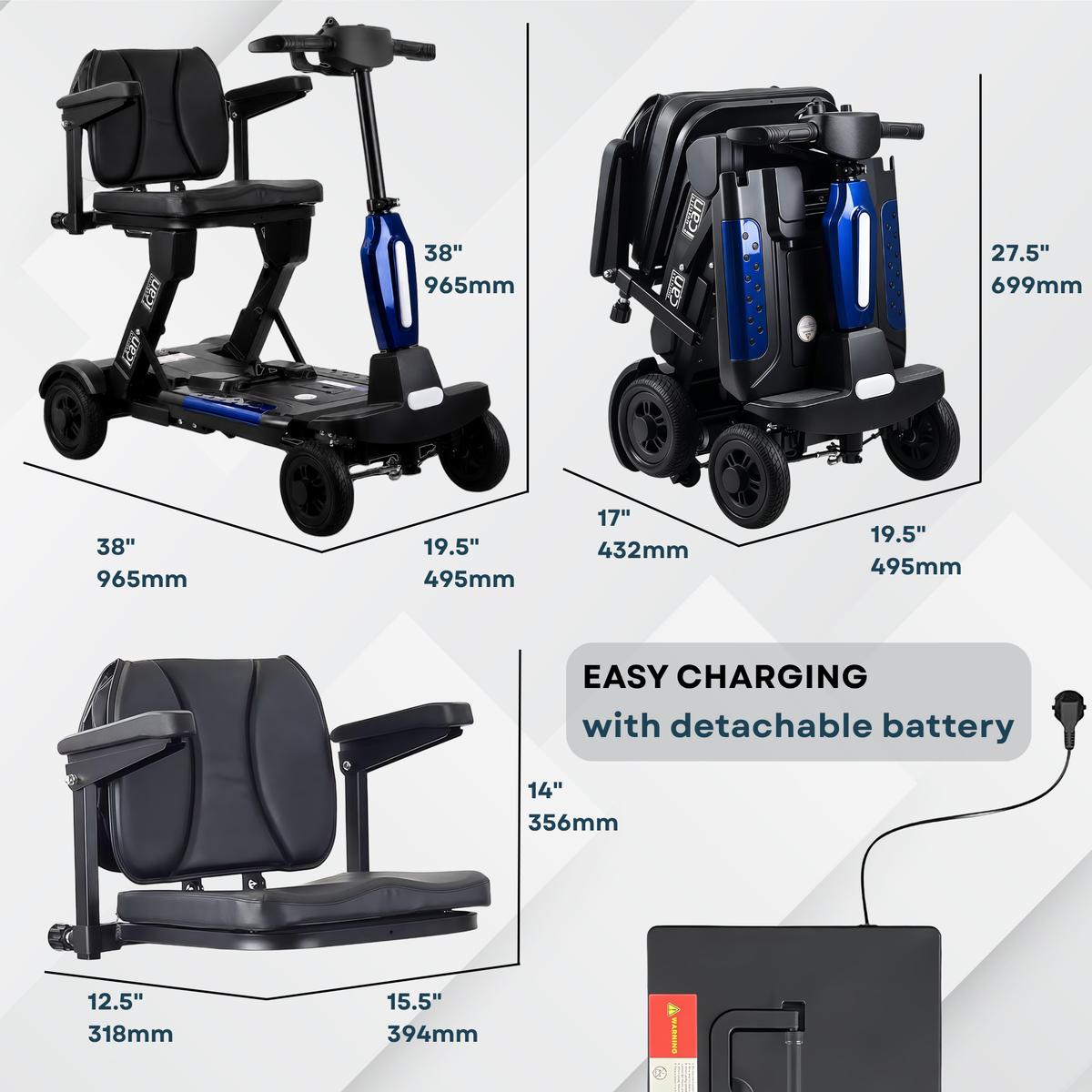 iCan EasyFold X-11 Manual Folding Mobility Scooter – Lightweight 21Kg with Battery, Manual Folding, Long Range, LED Display – Portable Mobility Scooter for Seniors, Class 2, UK Regulated
