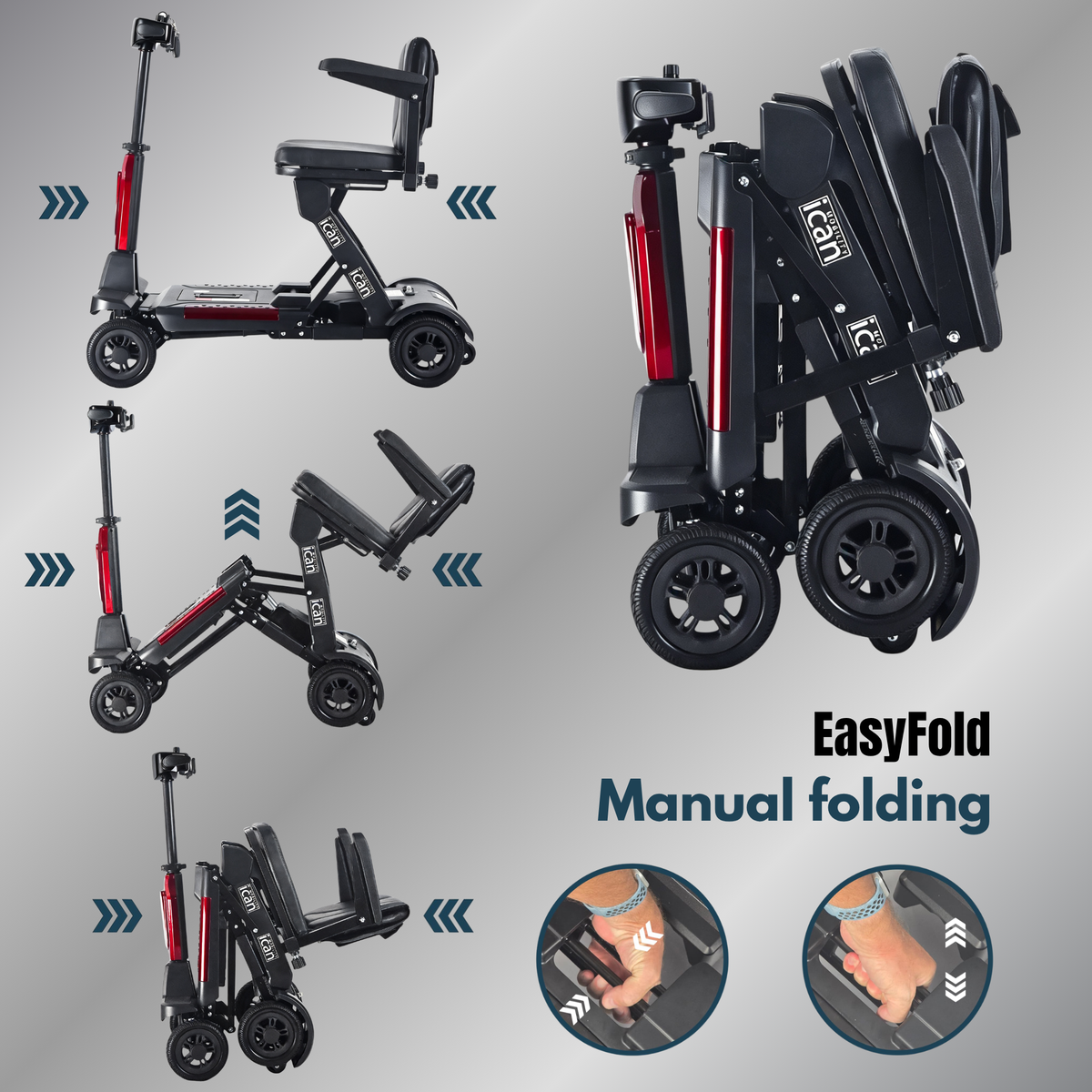 iCan EasyFold X-11 Manual Folding Mobility Scooter – Lightweight 21Kg with Battery, Manual Folding, Long Range, LED Display – Portable Mobility Scooter for Seniors, Class 2, UK Regulated