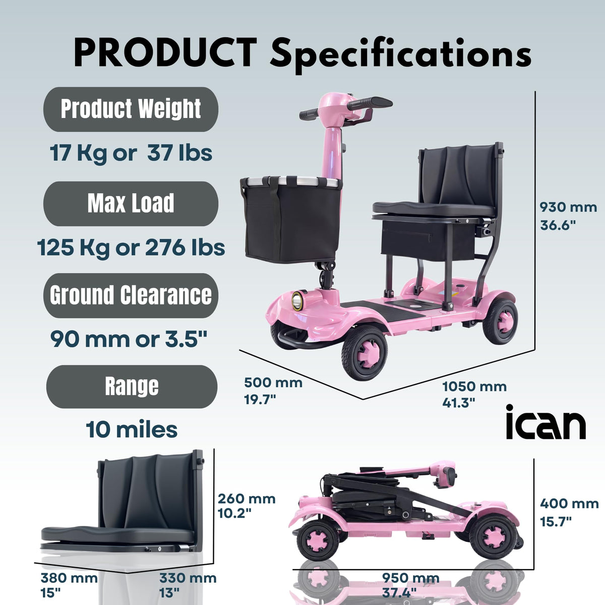 iCAN X-17 Collapsible Folding Mobility Scooter 2026 Model, 10ah Removable Lithium Battery, 10 Miles Range, 17kg Lightweight, Dual Storage Bag, Compact Travel Scooter for Senior, UK Class 2 (Pink).