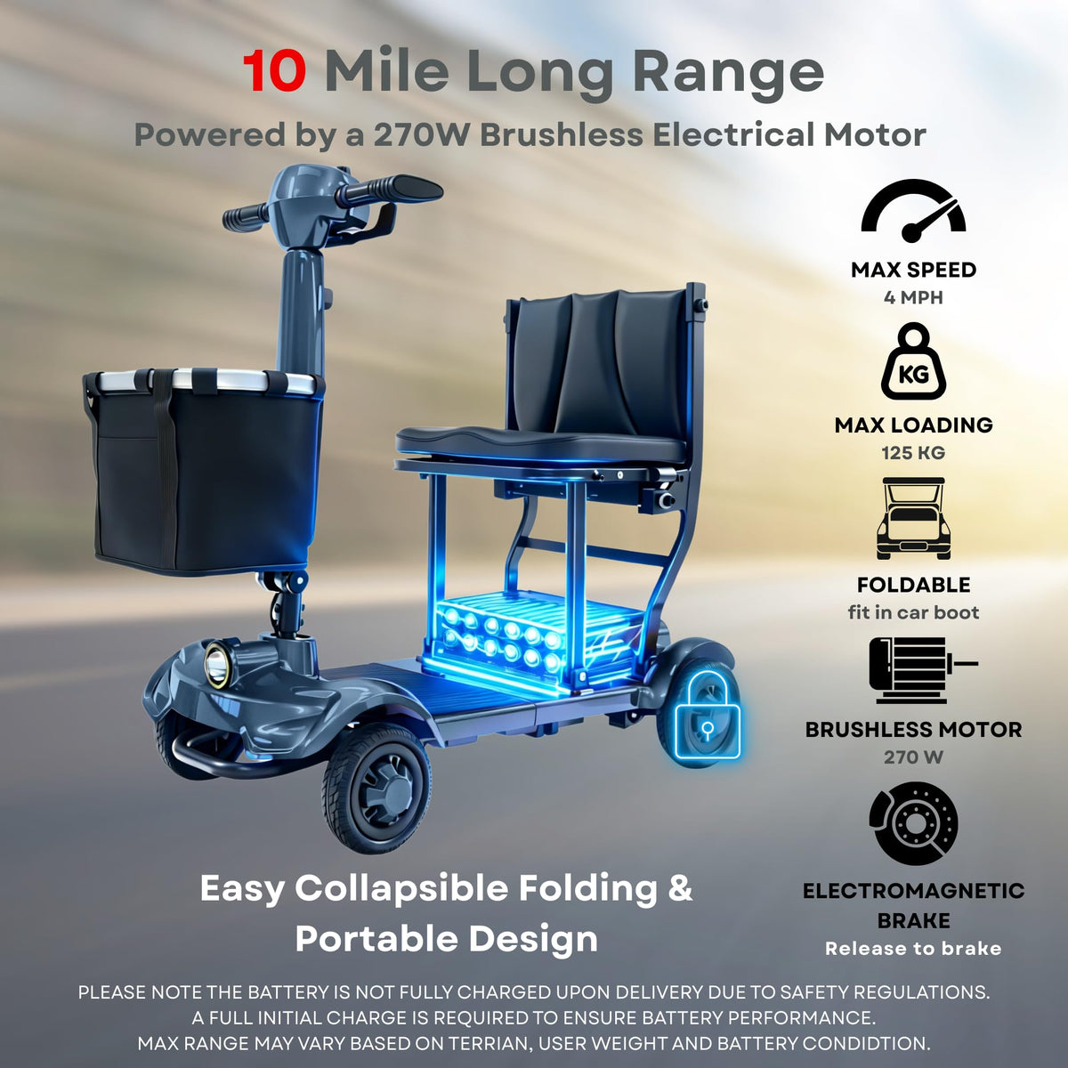iCAN X-17 Collapsible Folding Mobility Scooter 2026 Model, 10ah Removable Lithium Battery, 10 Miles Range, 17kg Lightweight, Dual Storage Bag, Compact Travel Scooter for Senior, UK Class 2 (Blue)