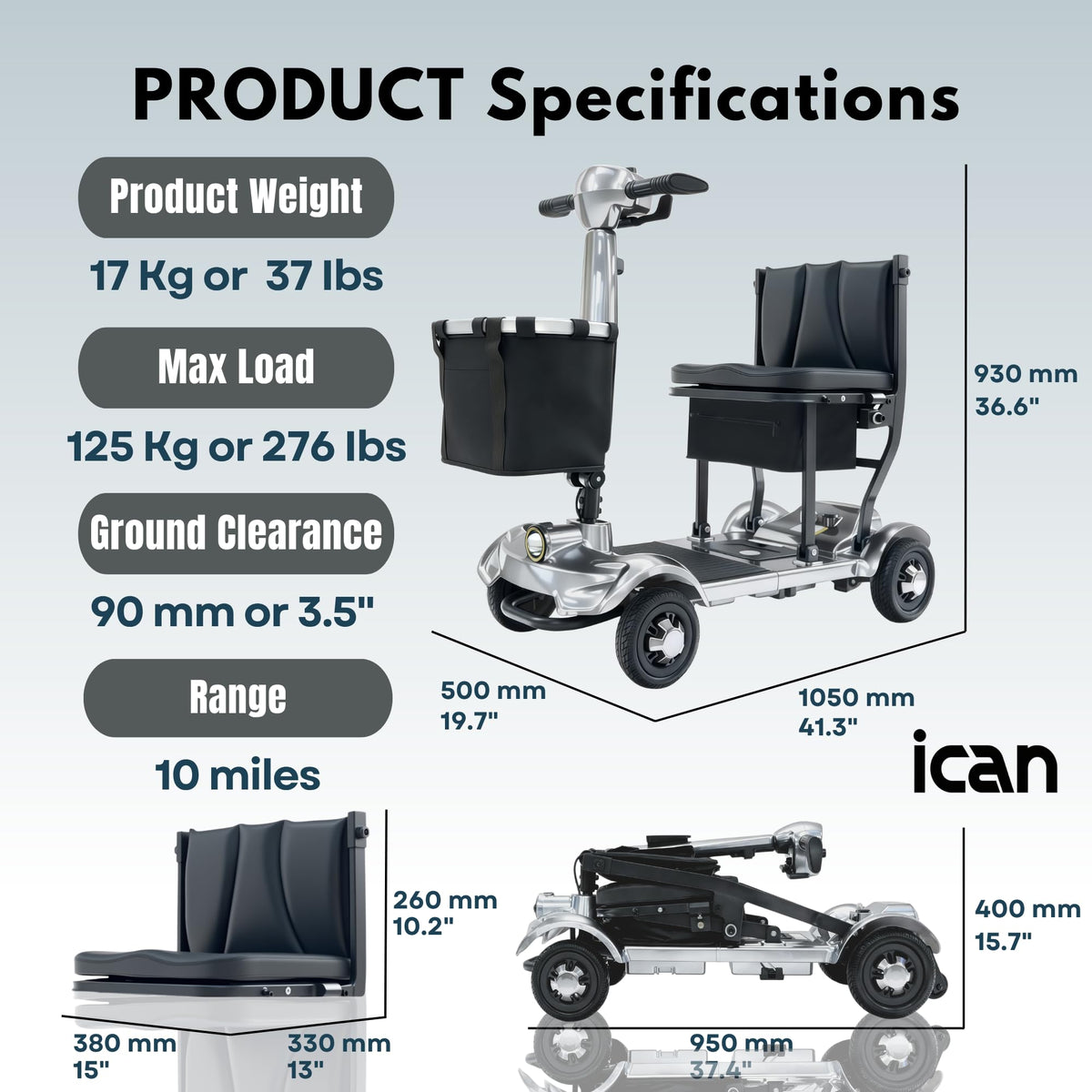 iCAN X-17 Collapsible Folding Mobility Scooter 2026 Model, 10ah Removable Lithium Battery, 10 Miles Range, 17kg Lightweight, Dual Storage Bag, Compact Travel Scooter for Senior, UK Class 2 (Silver)
