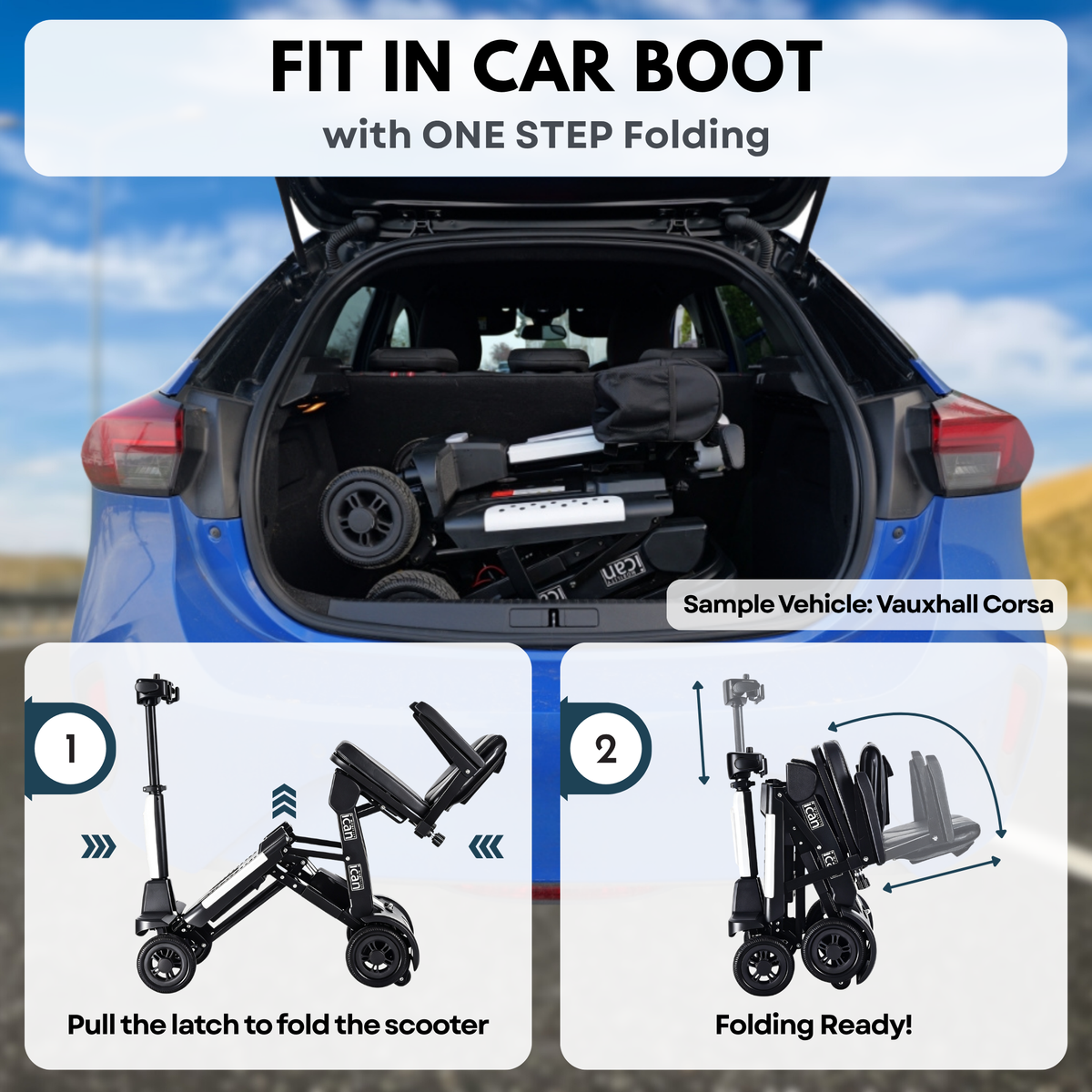 iCan EasyFold X-11 Manual Folding Mobility Scooter – Lightweight 21Kg with Battery, Manual Folding, Long Range, LED Display – Portable Mobility Scooter for Seniors, Class 2, UK Regulated