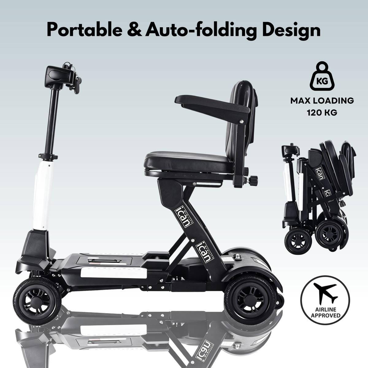 iCan EasyFold X-11 Manual Folding Mobility Scooter – Lightweight 21Kg with Battery, Manual Folding, Long Range, LED Display – Portable Mobility Scooter for Seniors, Class 2, UK Regulated