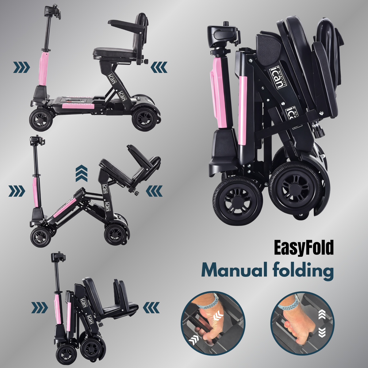 iCan EasyFold X-11 Manual Folding Mobility Scooter – Lightweight 21Kg with Battery, Manual Folding, Long Range, LED Display – Portable Mobility Scooter for Seniors, Class 2, UK Regulated