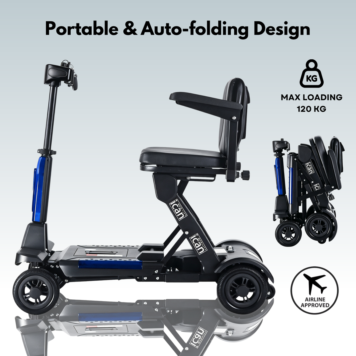 iCan EasyFold X-11 Manual Folding Mobility Scooter – Lightweight 21Kg with Battery, Manual Folding, Long Range, LED Display – Portable Mobility Scooter for Seniors, Class 2, UK Regulated