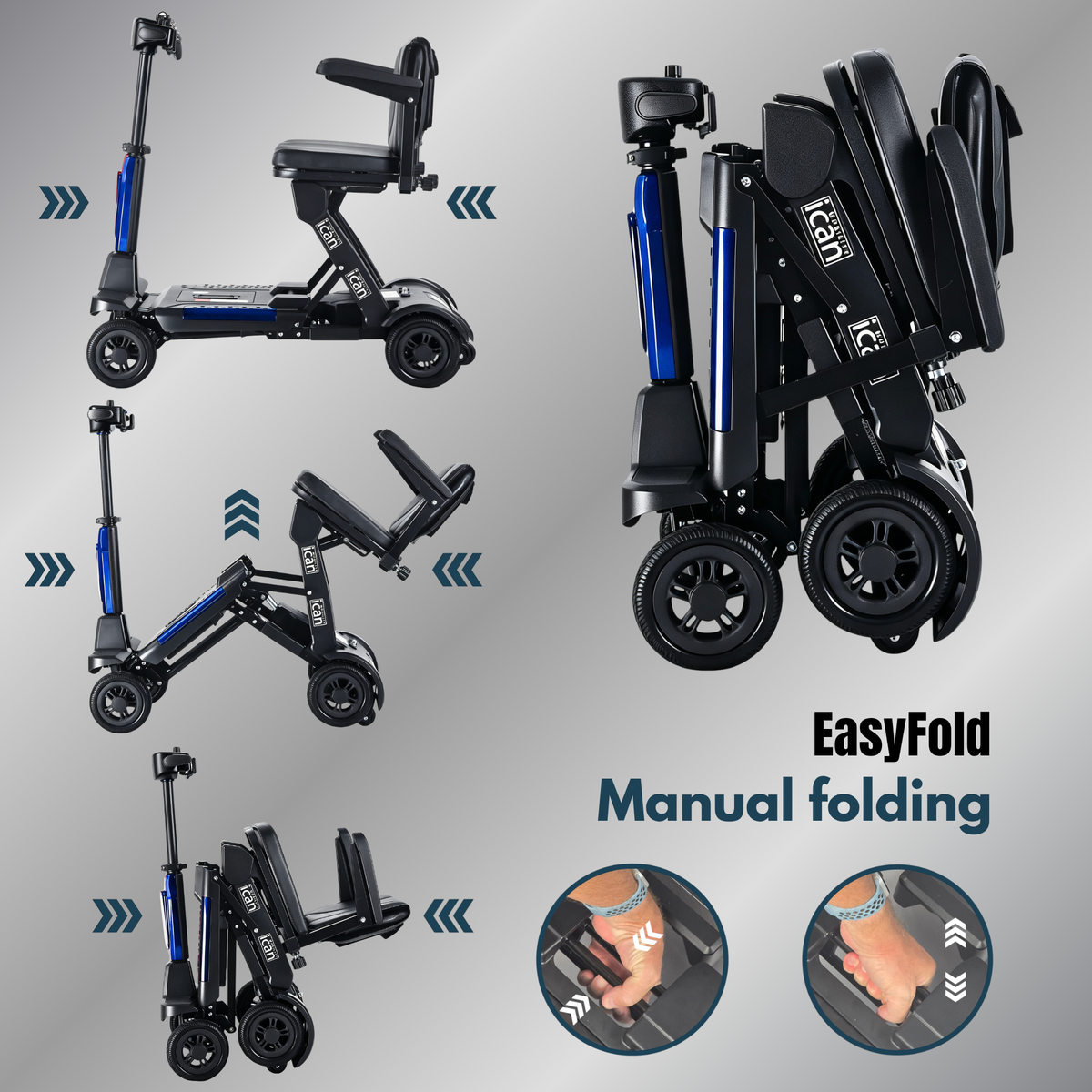 iCan EasyFold X-11 Manual Folding Mobility Scooter – Lightweight 21Kg with Battery, Manual Folding, Long Range, LED Display – Portable Mobility Scooter for Seniors, Class 2, UK Regulated