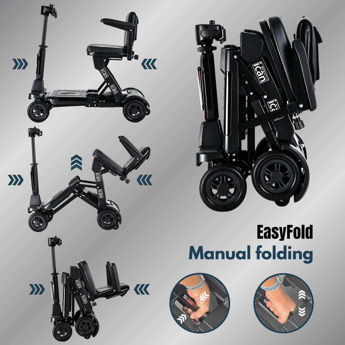 iCan EasyFold X-11 Manual Folding Mobility Scooter – Lightweight 21Kg with Battery, Manual Folding, Long Range, LED Display – Portable Mobility Scooter for Seniors, Class 2, UK Regulated