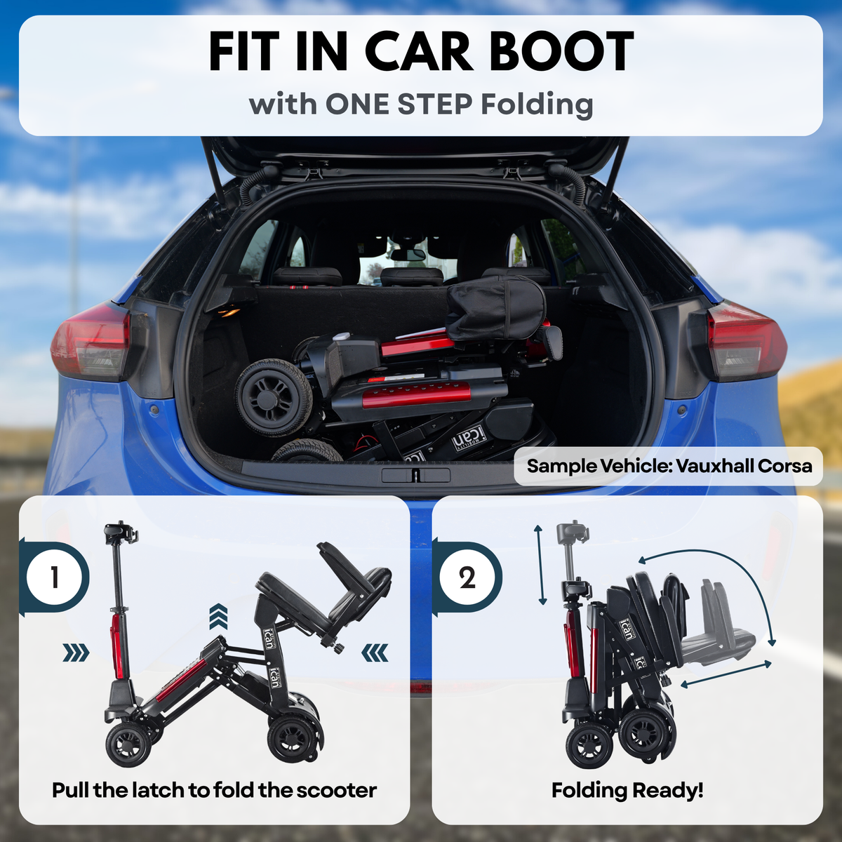 iCan EasyFold X-11 Manual Folding Mobility Scooter – Lightweight 21Kg with Battery, Manual Folding, Long Range, LED Display – Portable Mobility Scooter for Seniors, Class 2, UK Regulated