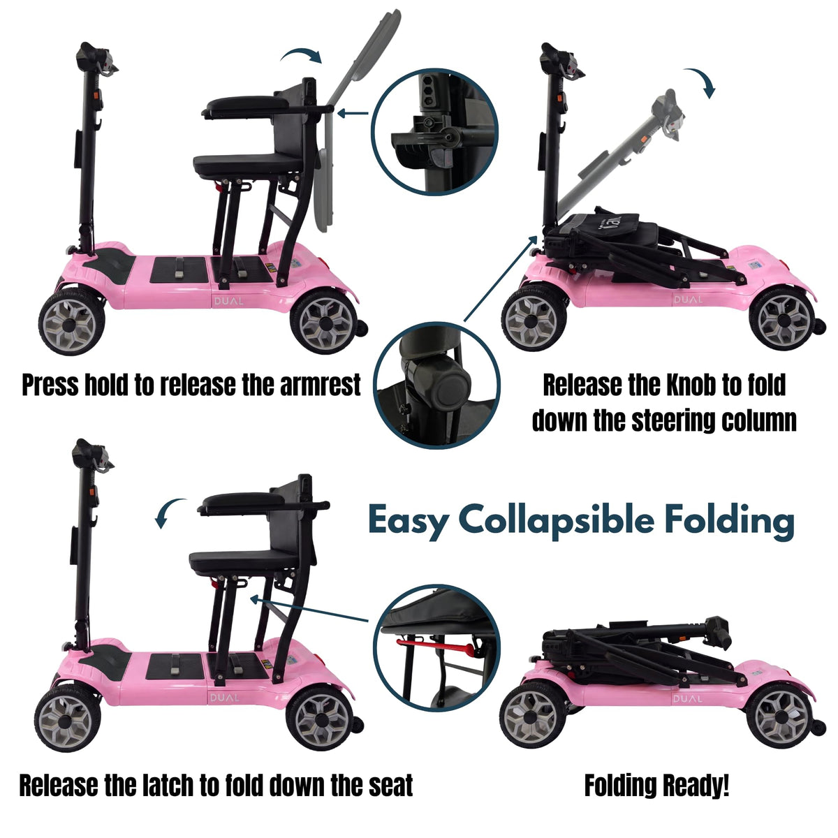 iCAN X-03 Collapsible Folding Mobility Scooter, Dual 6.6ah Removable Lithium Battery, 15 Miles Range, 18.5kg Lightweight, Triple Storage Design, Compact Travel Scooter, 125kg Max Load (Pink)