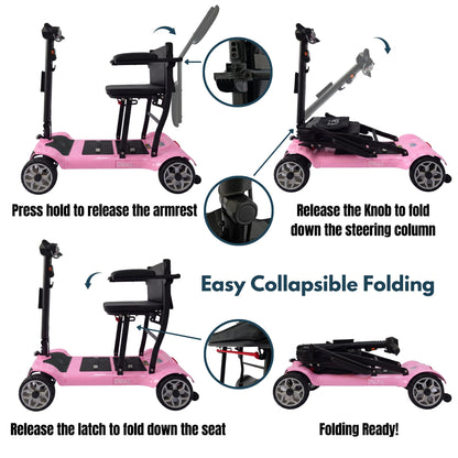 iCAN X-03 Collapsible Folding Mobility Scooter, Dual 6.6ah Removable Lithium Battery, 15 Miles Range, 18.5kg Lightweight, Triple Storage Design, Compact Travel Scooter, 125kg Max Load (Pink)