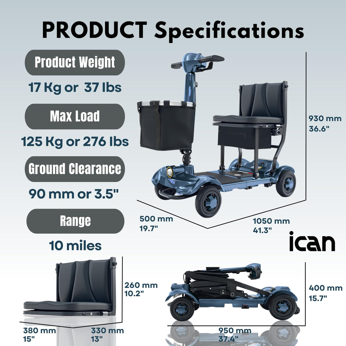 iCAN X-17 Collapsible Folding Mobility Scooter 2026 Model, 10ah Removable Lithium Battery, 10 Miles Range, 17kg Lightweight, Dual Storage Bag, Compact Travel Scooter for Senior, UK Class 2 (Blue)