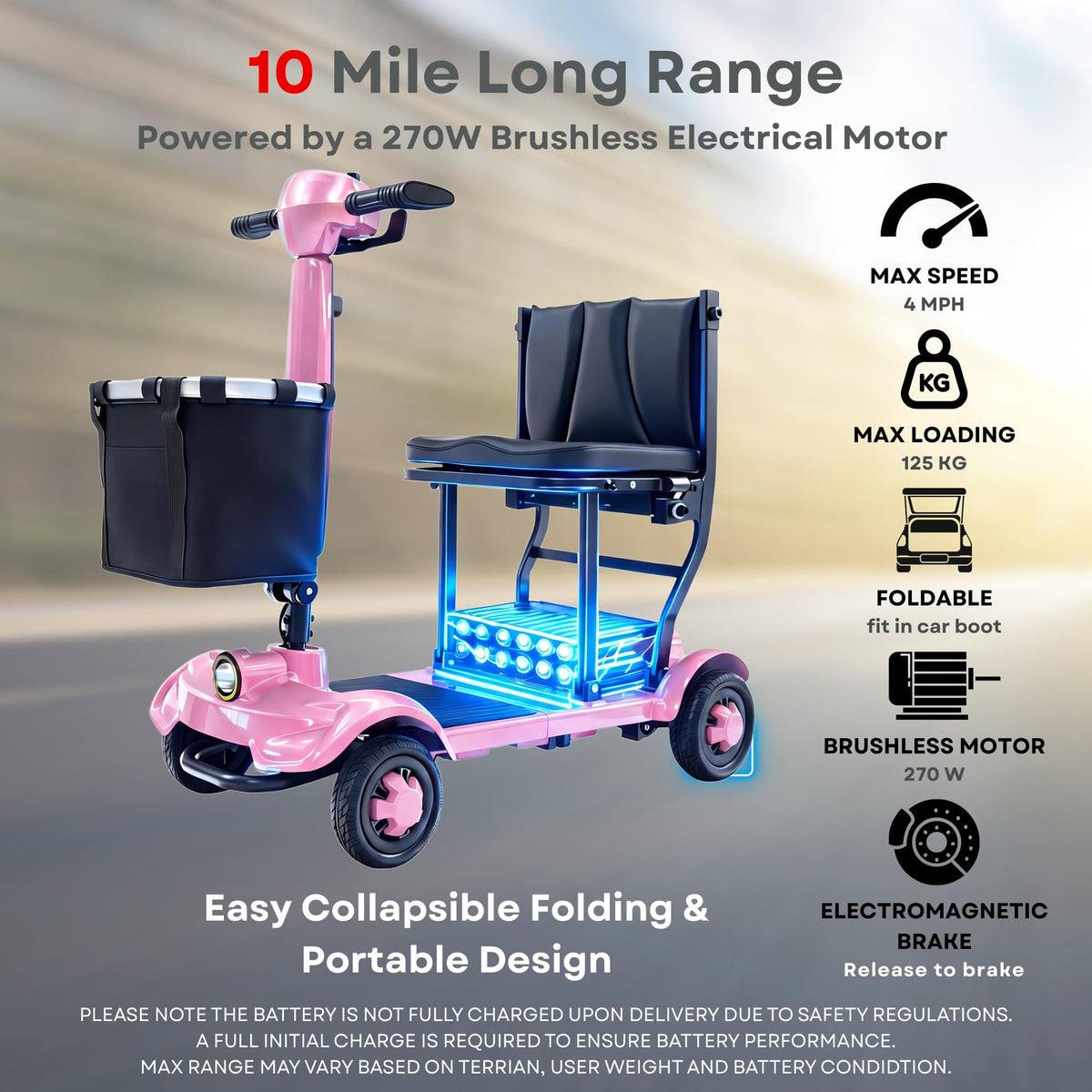 iCAN X-17 Collapsible Folding Mobility Scooter 2026 Model, 10ah Removable Lithium Battery, 10 Miles Range, 17kg Lightweight, Dual Storage Bag, Compact Travel Scooter for Senior, UK Class 2 (Pink).