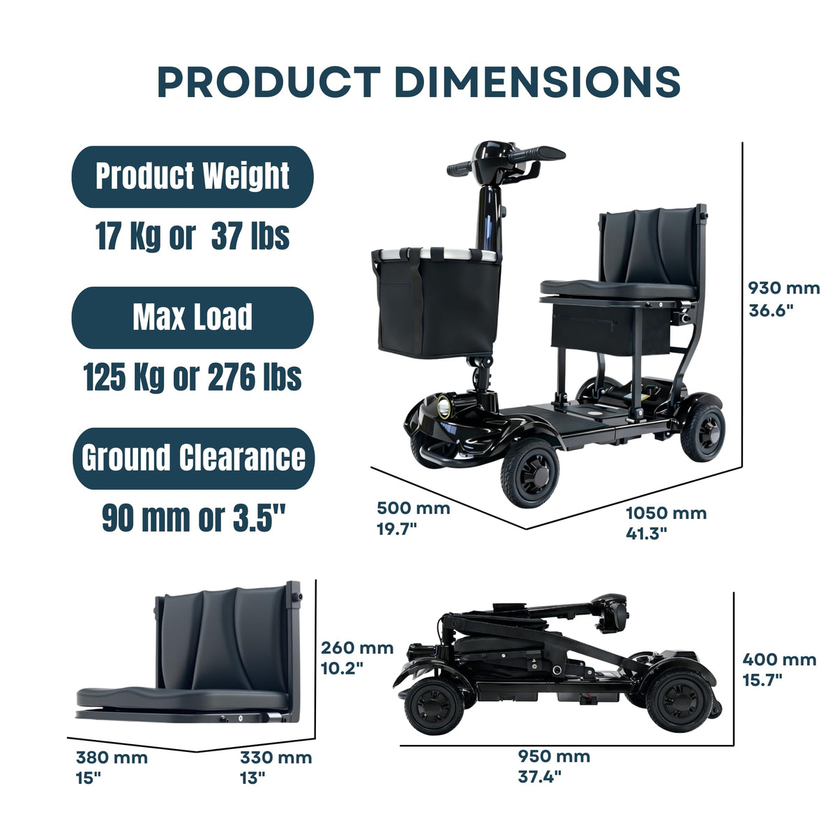 iCAN X-17 Collapsible Folding Mobility Scooter 2026 Model, 10ah Removable Lithium Battery, 10 Miles Range, 17kg Lightweight, Dual Storage Bag, Compact Travel Scooter for Senior, UK Class 2 (Black)