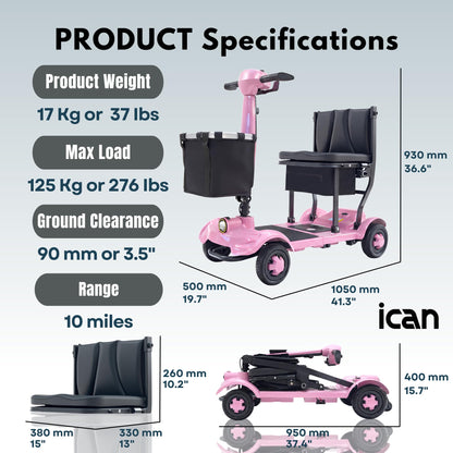 iCAN X-17 Collapsible Folding Mobility Scooter 2026 Model, 10ah Removable Lithium Battery, 10 Miles Range, 17kg Lightweight, Dual Storage Bag, Compact Travel Scooter for Senior, UK Class 2 (Pink).