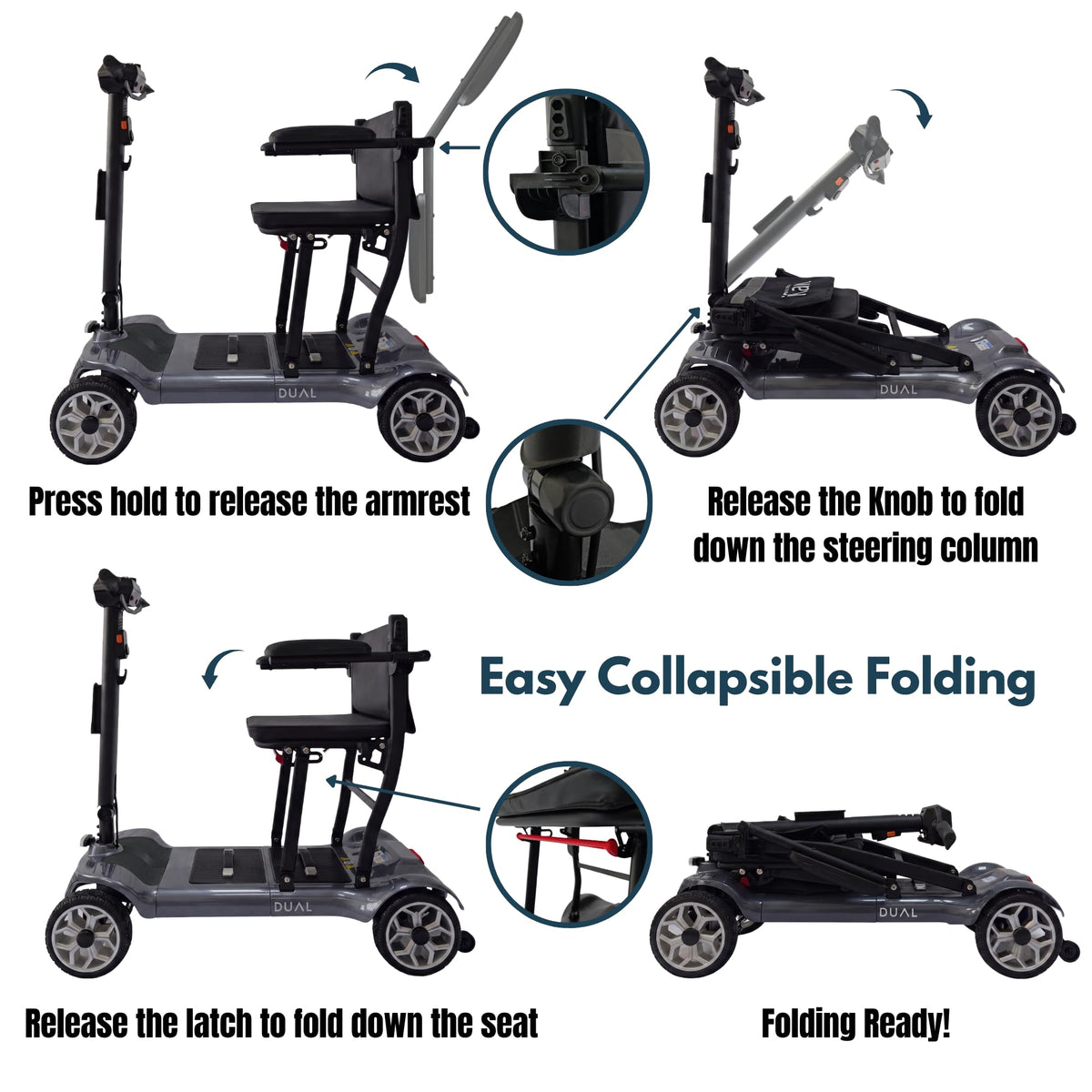 iCAN X-03 Collapsible Folding Mobility Scooter, Dual 6.6ah Removable Lithium Battery, 15 Miles Range, 18.5kg Lightweight, Triple Storage Design, Compact Travel Scooter, 125kg Max Load (Grey)
