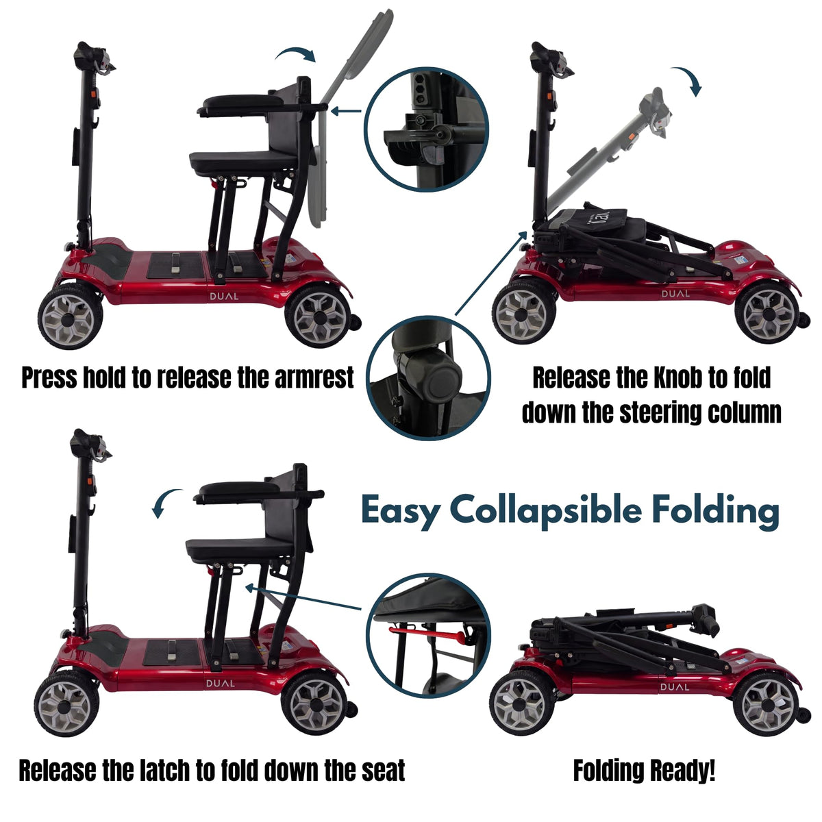 iCAN X-03 Collapsible Folding Mobility Scooter, Dual 6.6ah Removable Lithium Battery, 15 Miles Range, 18.5kg Lightweight, Triple Storage Design, Compact Travel Scooter, 125kg Max Load (Red)