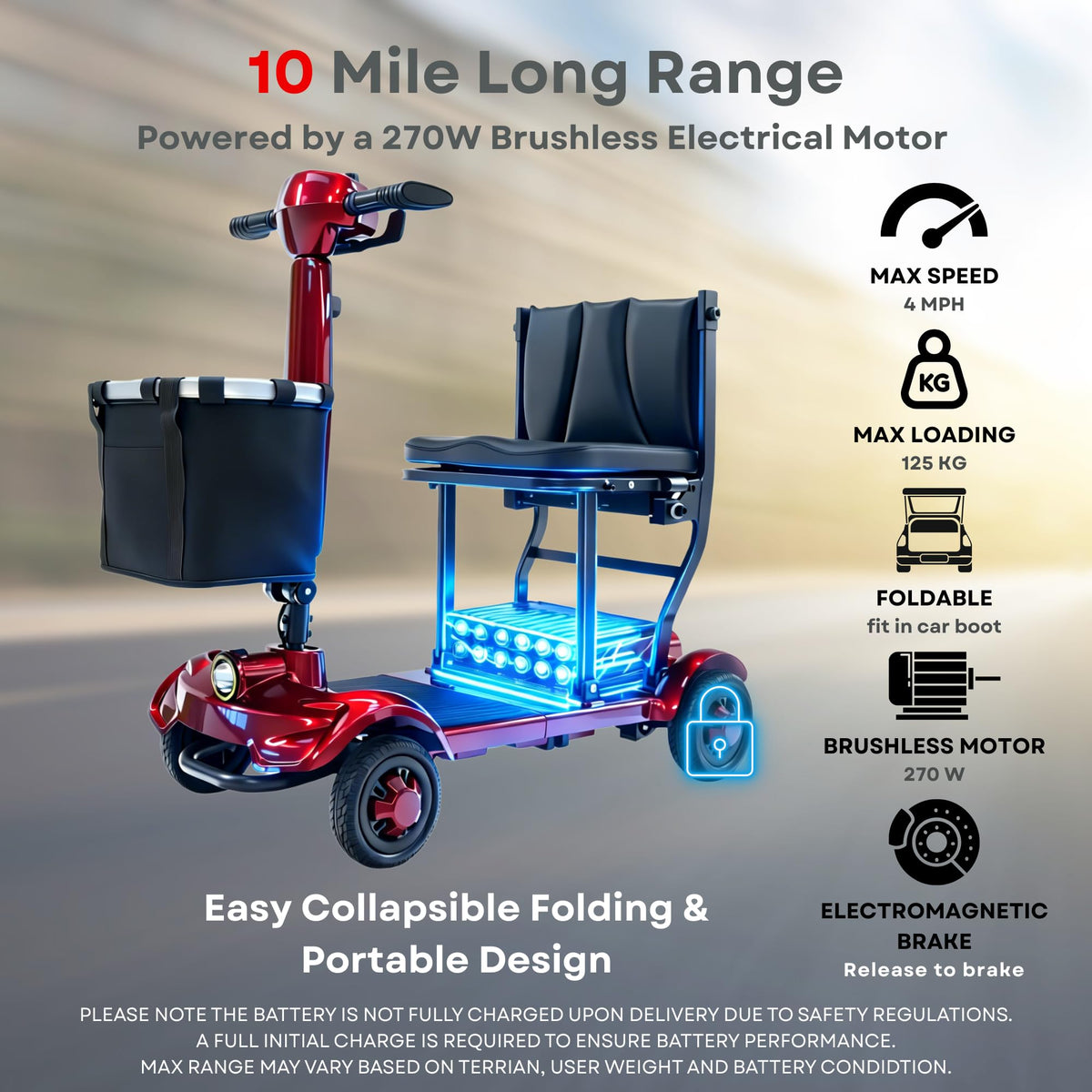 iCAN X-17 Collapsible Folding Mobility Scooter 2026 Model, 10ah Removable Lithium Battery, 10 Miles Range, 17kg Lightweight, Dual Storage Bag, Compact Travel Scooter for Senior, UK Class 2 (Red)