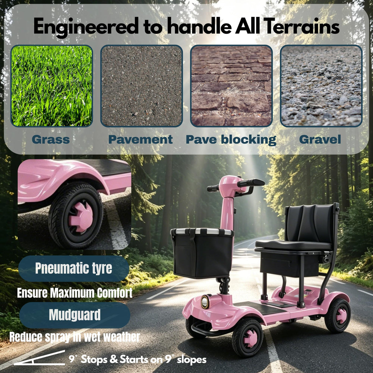 iCAN X-17 Collapsible Folding Mobility Scooter 2026 Model, 10ah Removable Lithium Battery, 10 Miles Range, 17kg Lightweight, Dual Storage Bag, Compact Travel Scooter for Senior, UK Class 2 (Pink).