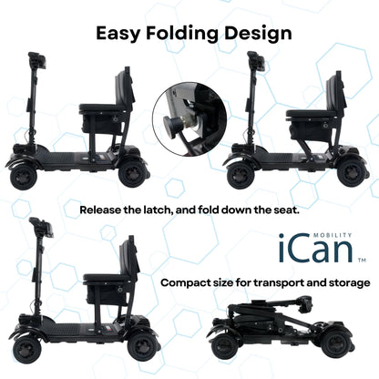 iCAN X-17 Collapsible Folding Mobility Scooter 2026 Model, 10ah Removable Lithium Battery, 10 Miles Range, 17kg Lightweight, Dual Storage Bag, Compact Travel Scooter for Senior, UK Class 2 (Black)