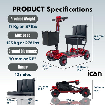 iCAN X-17 Collapsible Folding Mobility Scooter 2026 Model, 10ah Removable Lithium Battery, 10 Miles Range, 17kg Lightweight, Dual Storage Bag, Compact Travel Scooter for Senior, UK Class 2 (Red)