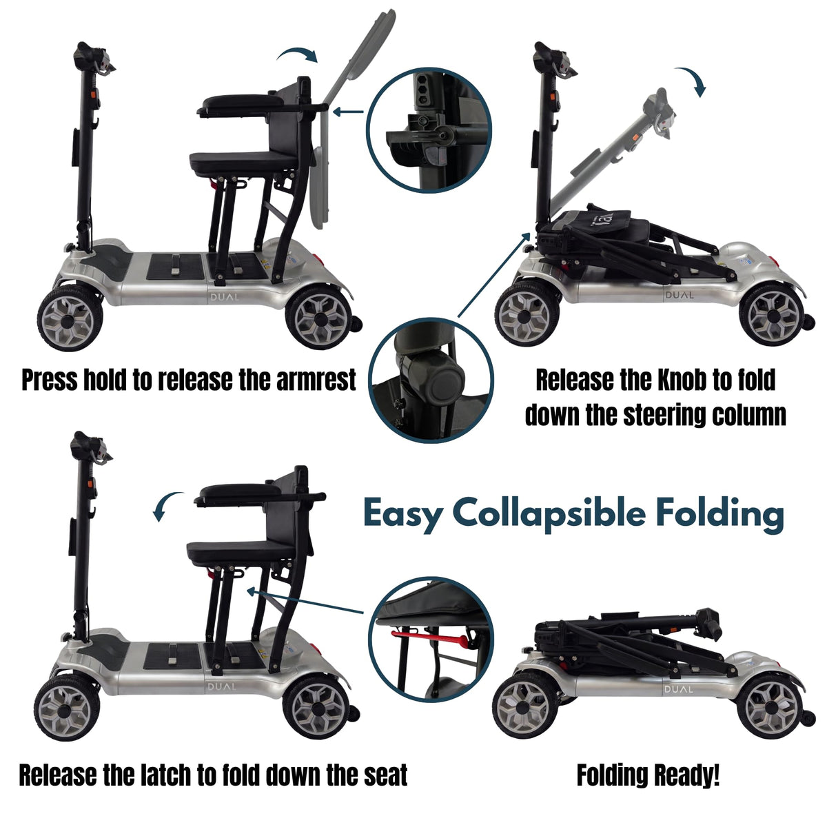 iCAN X-03 Collapsible Folding Mobility Scooter, Dual 6.6ah Removable Lithium Battery, 15 Miles Range, 18.5kg Lightweight, Triple Storage Design, Compact Travel Scooter, 125kg Max Load (Silver)
