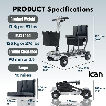 iCAN X-17 Collapsible Folding Mobility Scooter 2026 Model, 10ah Removable Lithium Battery, 10 Miles Range, 17kg Lightweight, Dual Storage Bag, Compact Travel Scooter for Senior, UK Class 2 (Silver)