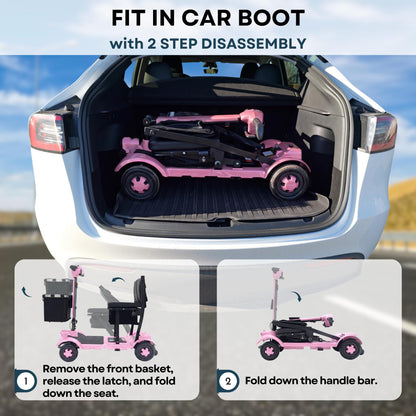 iCAN X-17 Collapsible Folding Mobility Scooter 2026 Model, 10ah Removable Lithium Battery, 10 Miles Range, 17kg Lightweight, Dual Storage Bag, Compact Travel Scooter for Senior, UK Class 2 (Pink).