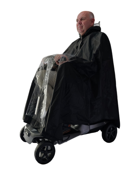 iCan Products Waterproof Mobility Scooter Rain Cover Poncho with Hood and Clear Visor – Full Length Weather Protection Cape for Scooter Users, Universal Fit for Outdoor Travel, Black