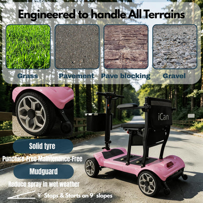 iCAN X-03 Collapsible Folding Mobility Scooter, Dual 6.6ah Removable Lithium Battery, 15 Miles Range, 18.5kg Lightweight, Triple Storage Design, Compact Travel Scooter, 125kg Max Load (Pink)