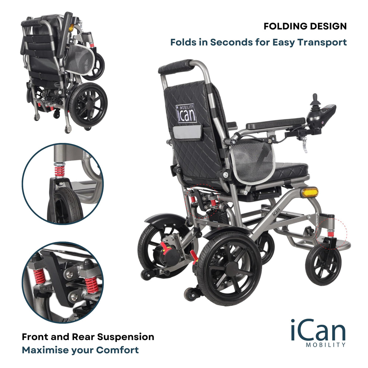 iCAN iFold Lightwight Electric Wheelchair Y-12, Folding, 20kg lightweight, Removable 10Ah Lithium Battery, 11 miles Range, 120kg capacity, Aluminium Powerchair Portable for Travel & Airplane Approved.