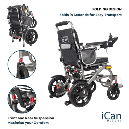 iCAN iFold Lightwight Electric Wheelchair Y-12, Folding, 20kg lightweight, Removable 10Ah Lithium Battery, 11 miles Range, 120kg capacity, Aluminium Powerchair Portable for Travel & Airplane Approved.