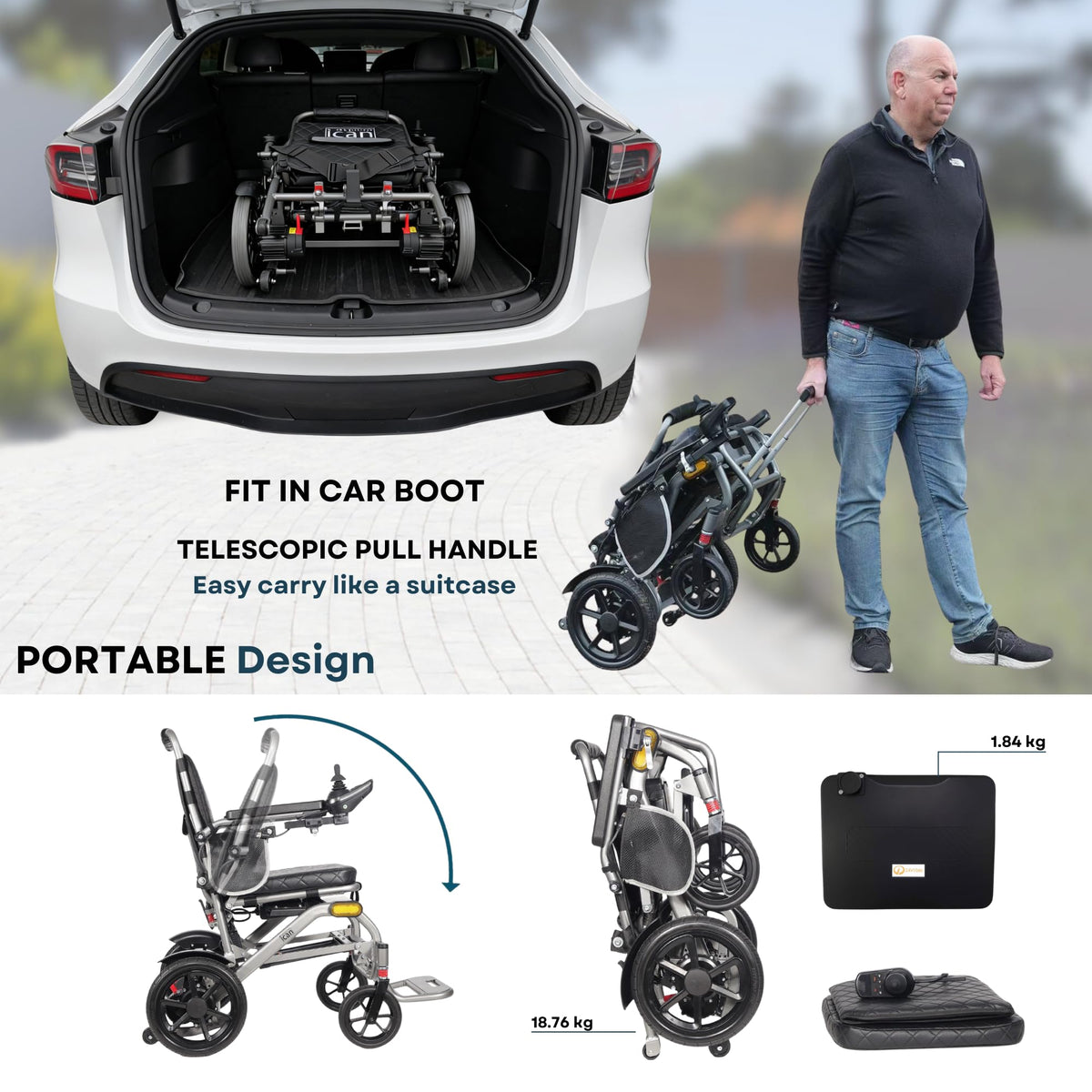 iCAN iFold Lightwight Electric Wheelchair Y-12, Folding, 20kg lightweight, Removable 10Ah Lithium Battery, 11 miles Range, 120kg capacity, Aluminium Powerchair Portable for Travel & Airplane Approved.